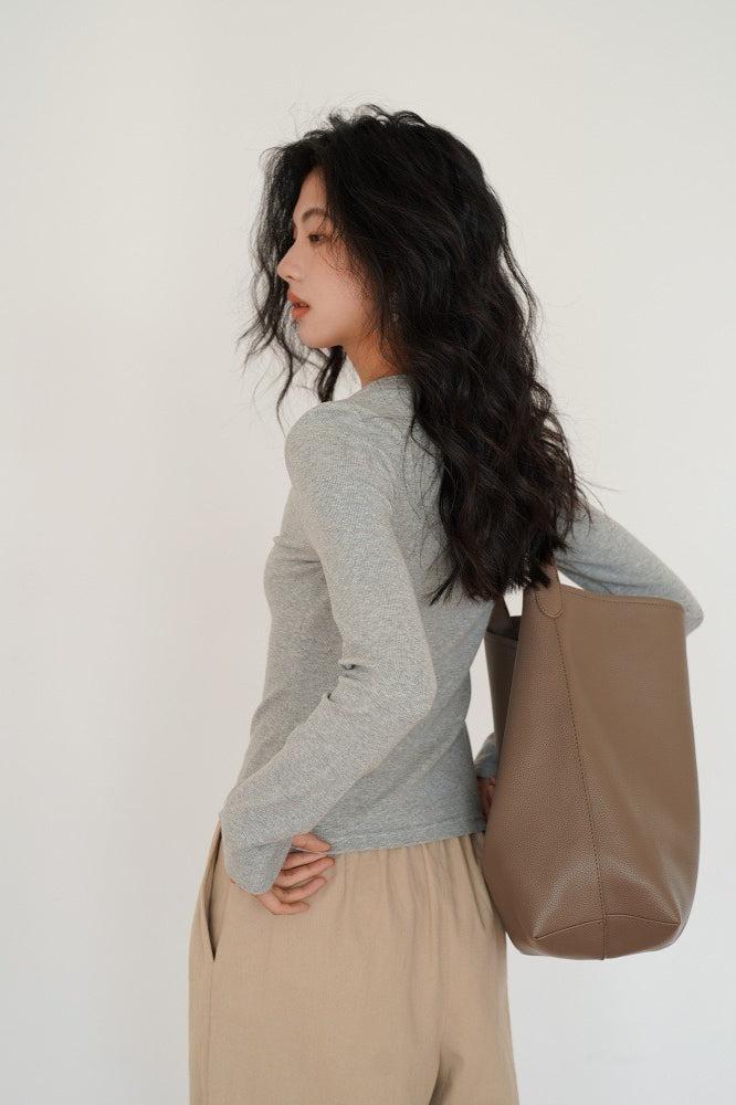 Heather Grey Fitted V-Neck Long-Sleeve Knit Top