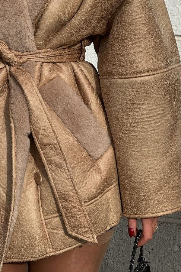 Faux Fur Collar Leather Coat - Fashionpara