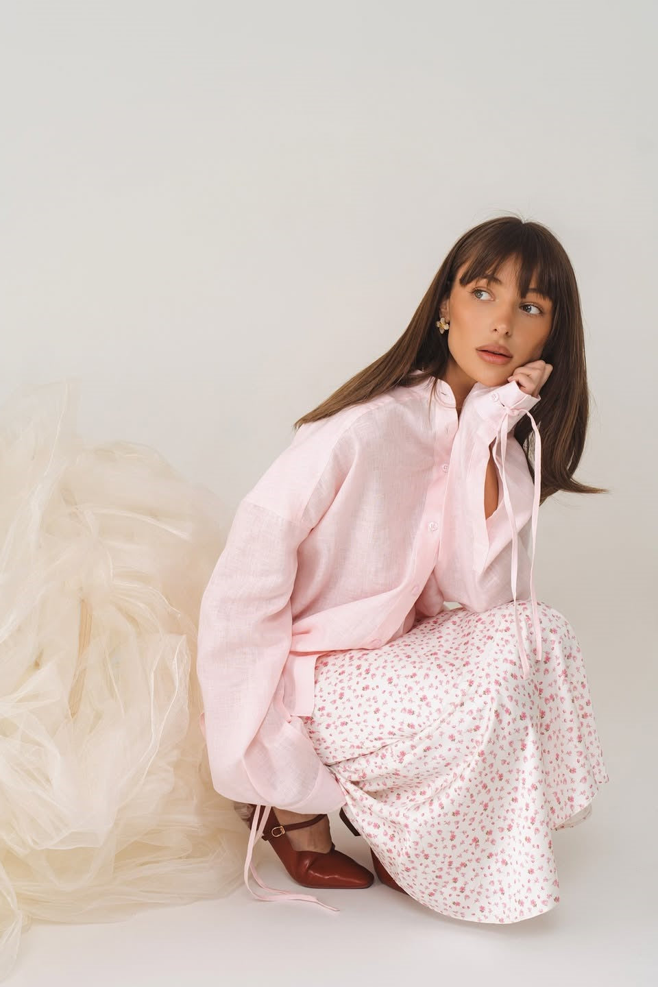 Pink Structured Tie-Waist Long Sleeve Blouse