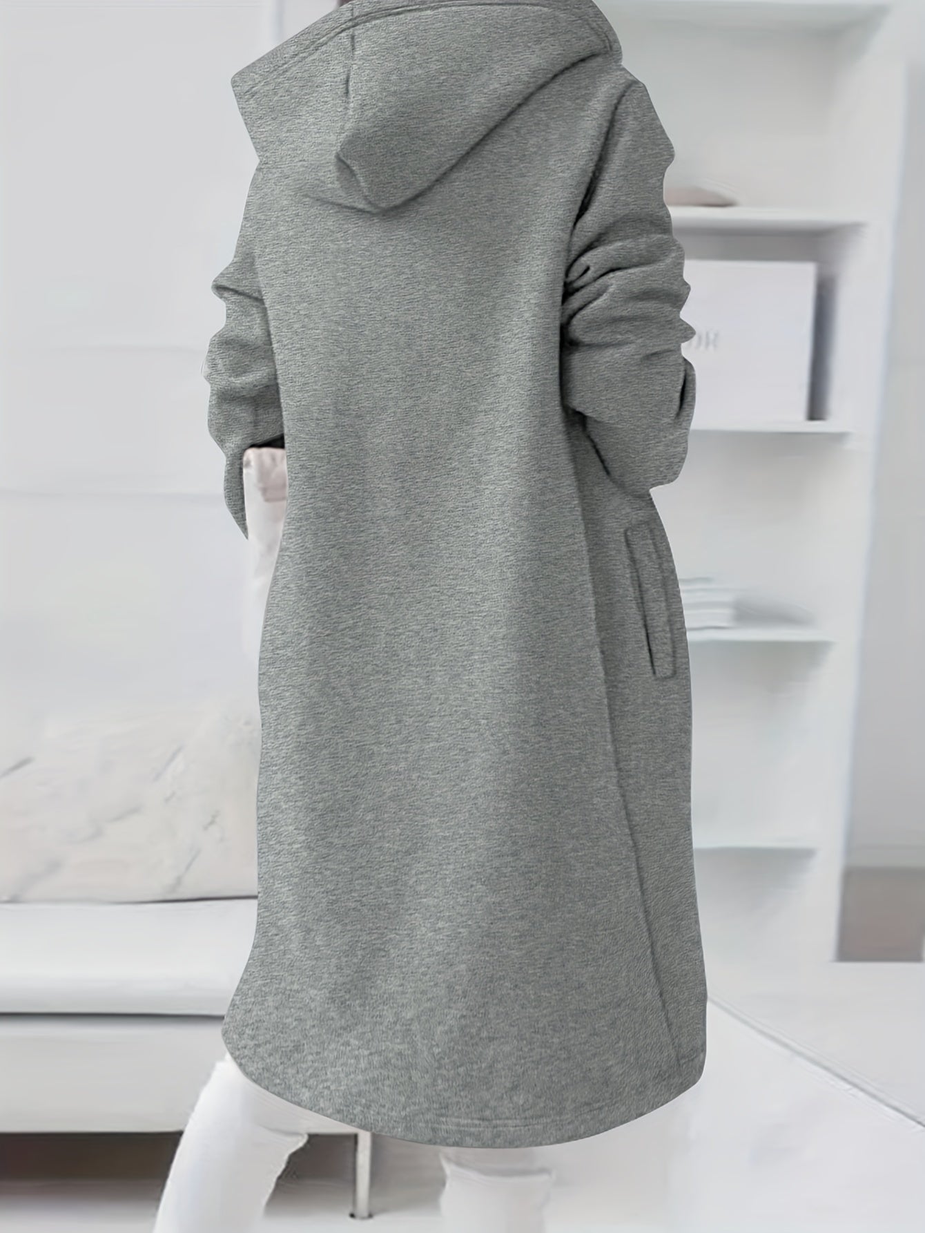 Solid Zipper Drawstring Midi Hooded Jacket for Versatile Style