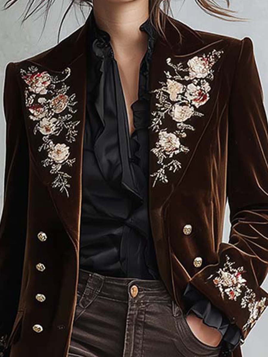 Chocolate Velvet Embroidered Long Coat With Gold Buttons