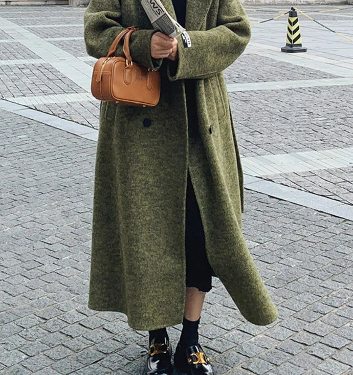 Green Wool Lapel Double-Breasted Overcoat