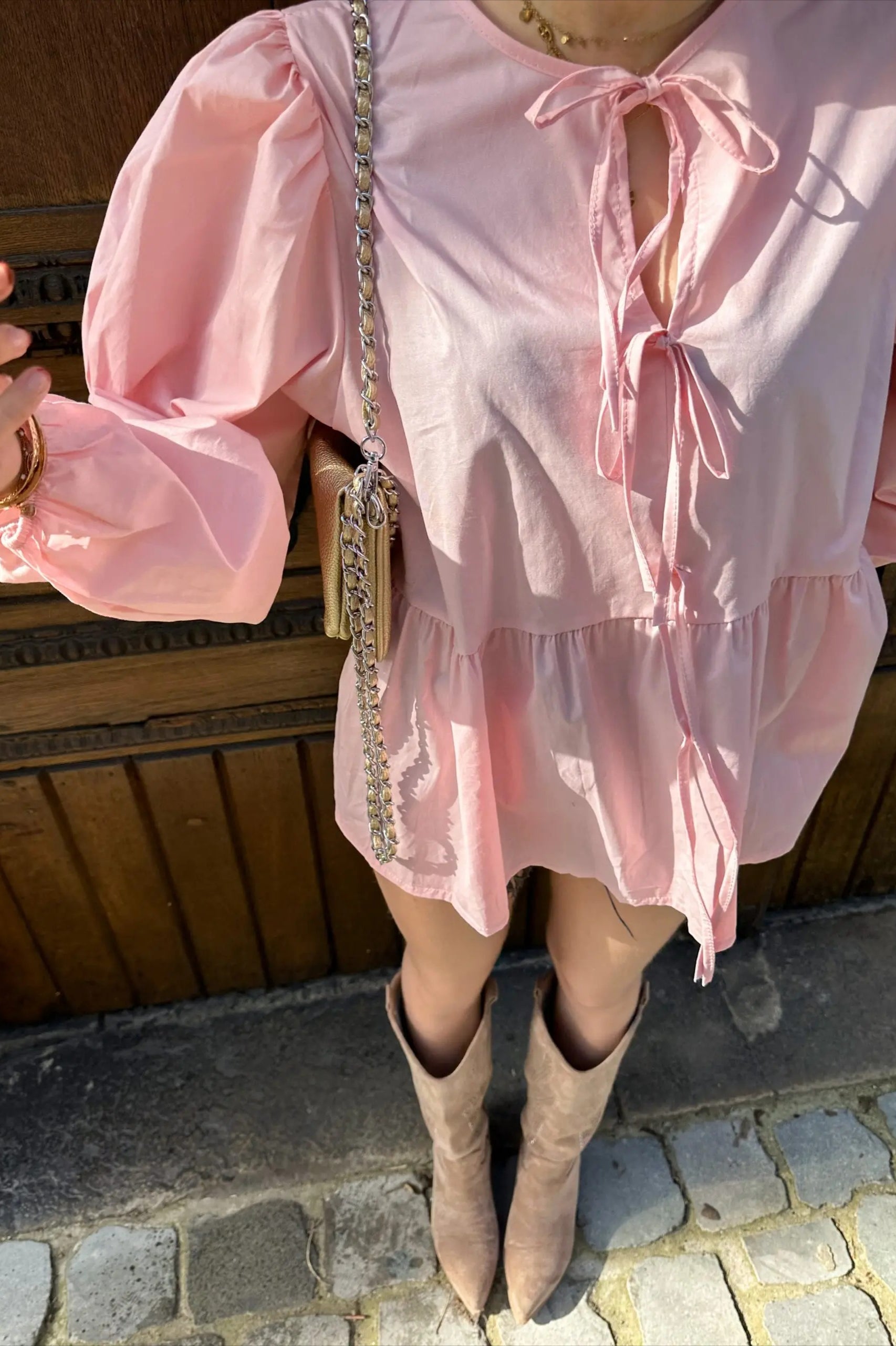 Striped Loose Fit Lace-Up Round Neck Blouse