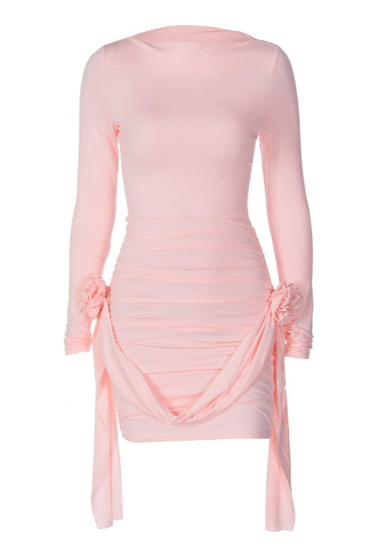 Ruched Long Sleeve Rosette Bodycon Mini Dress