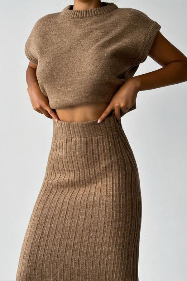 Triko Knit Short Sleeve Sweater with Ribbed Midi Skirt Set