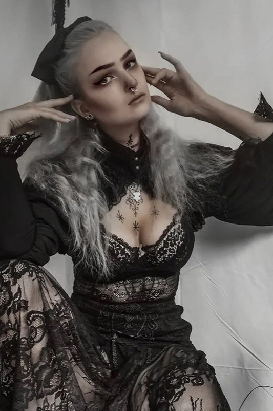 Gothic Lace Trim High Neck Knit Top