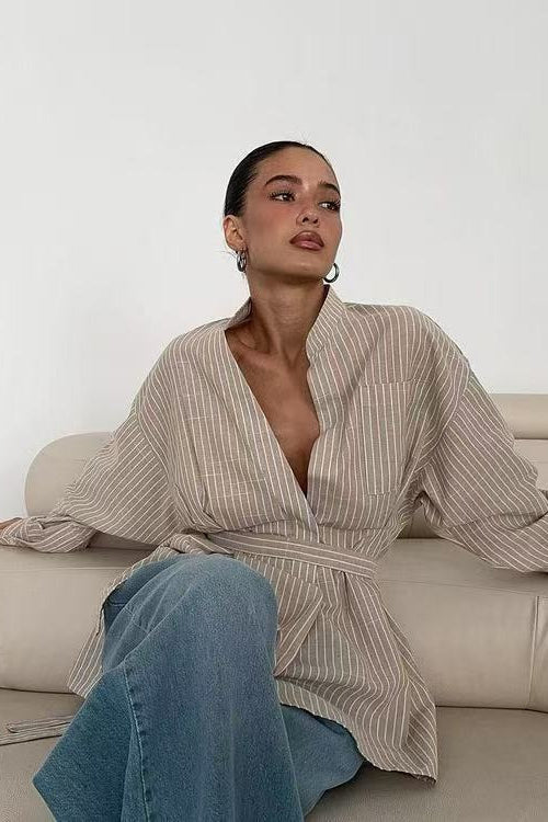 Striped V Neck Irregular Tie Waist Long Sleeve Blouse