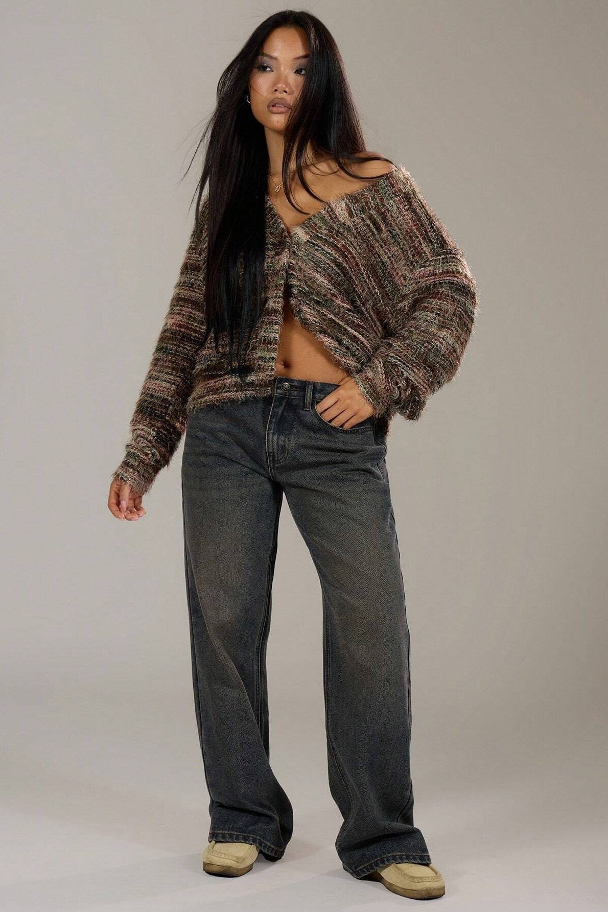 Deep V-Neck Plush Knit Cardigan for Retro Fashion Lovers