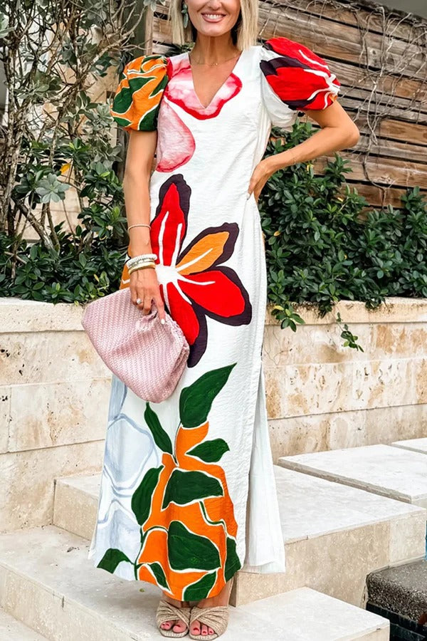 Summer Gala Floral Print Puff-Sleeve A-Line Slit Maxi Dress - Fashionpara