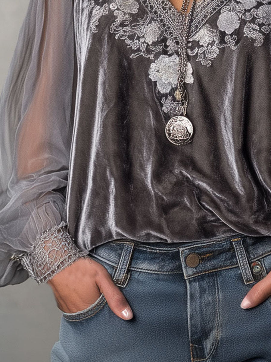 Vintage Grey Embroidered Velvet Blouse With Lace And Sheer Balloon Sleeves - Fashionpara