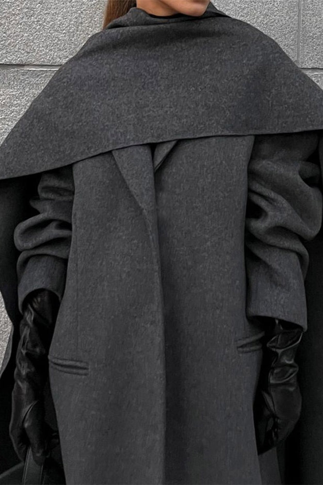 Extra-Long Woolen Overcoat with Scarf Collar for Elegance