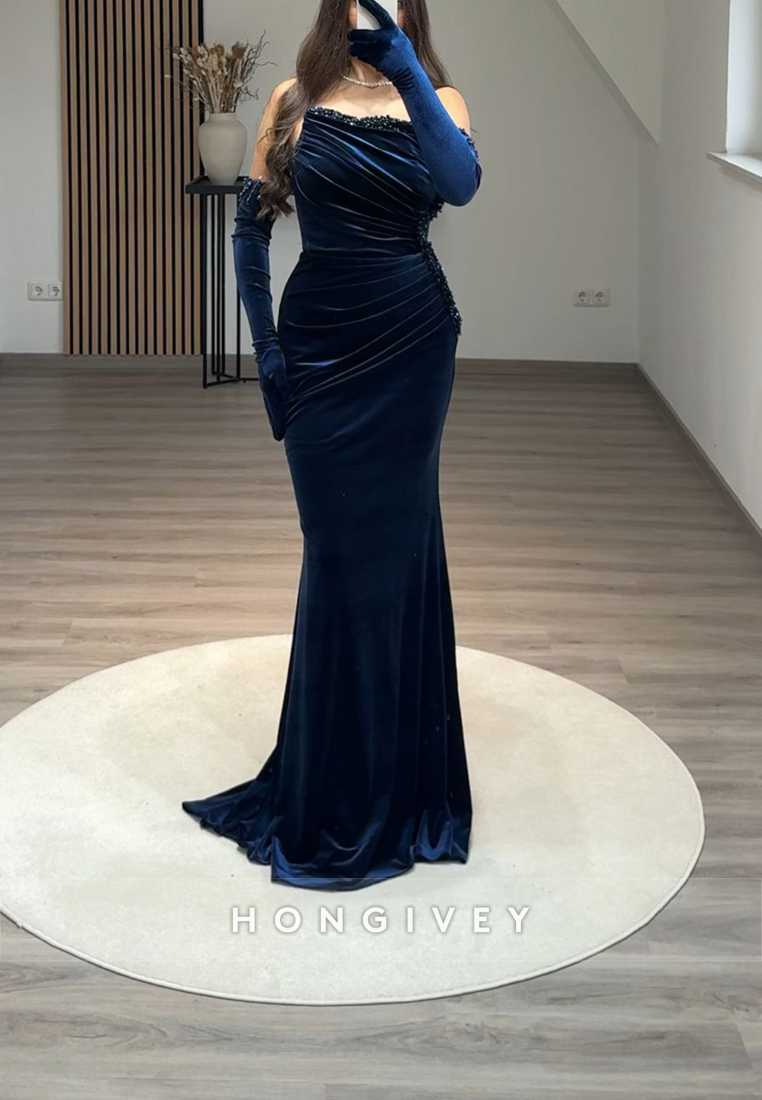 Column Off the Shoulder Pleated Floor-Length Beading Formal Evening Dresses