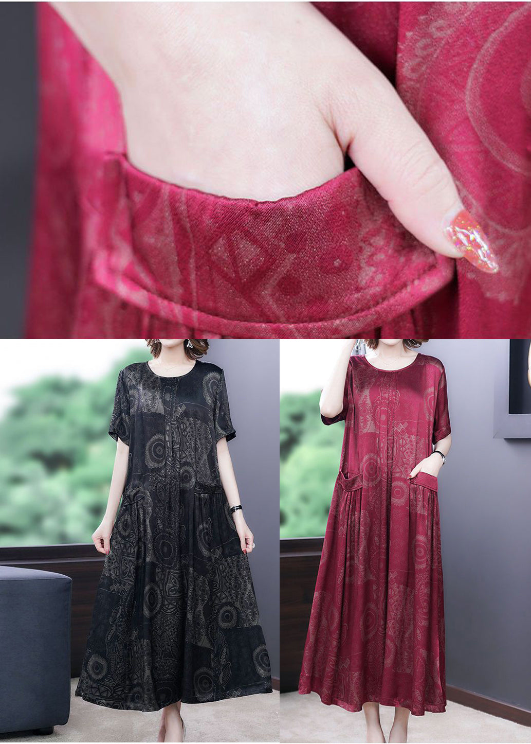 Jacquard Damask Print Round Neck Pocket Short Sleeve Loose Maxi Dress - View 5