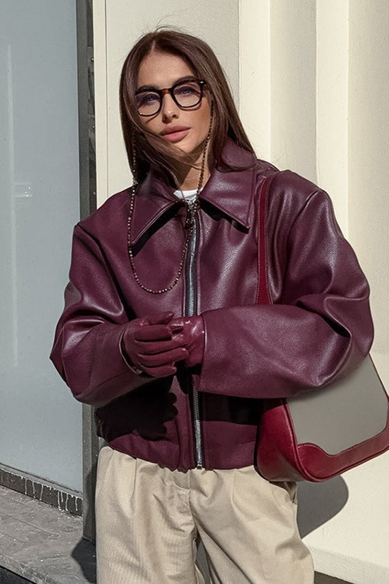 Burgundy Faux Leather Biker Jacket