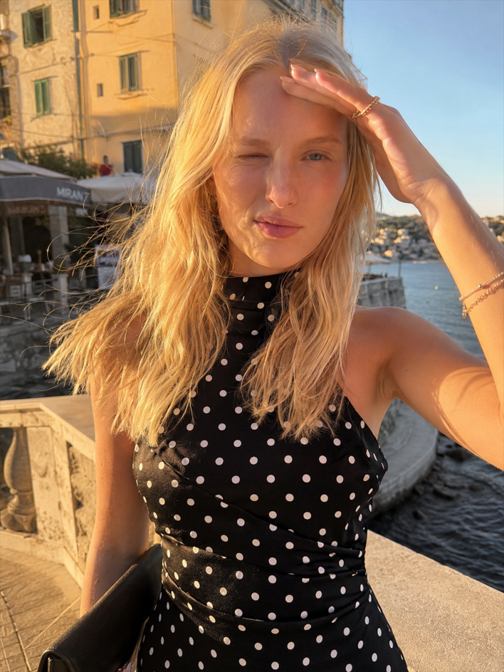 Polka Dot Halter Neck Backless Flared Mini Dress