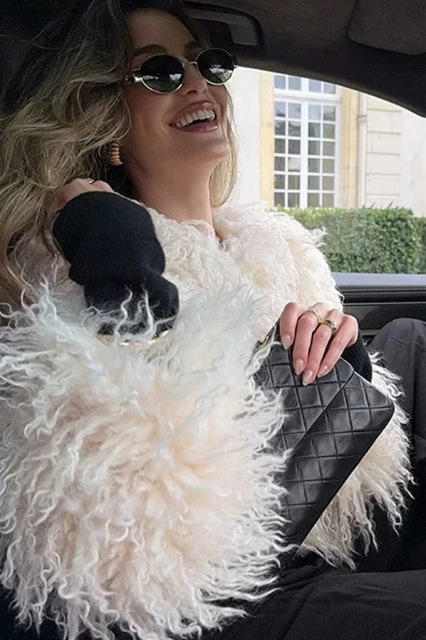 White Faux Fur Lapel Coat - Fashionpara