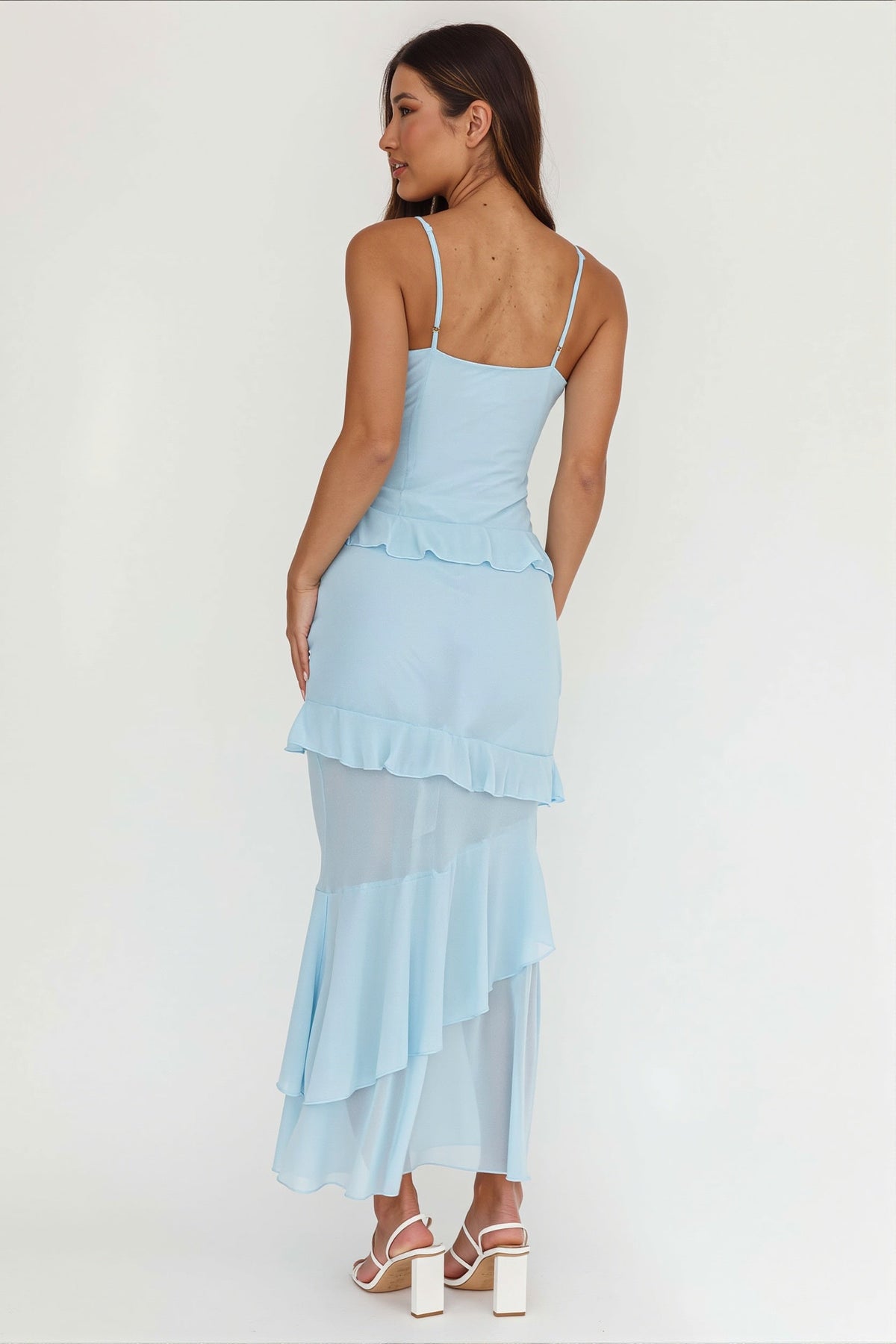 Chiffon V-Neck Rosette Ruffle Tiered Maxi Dress