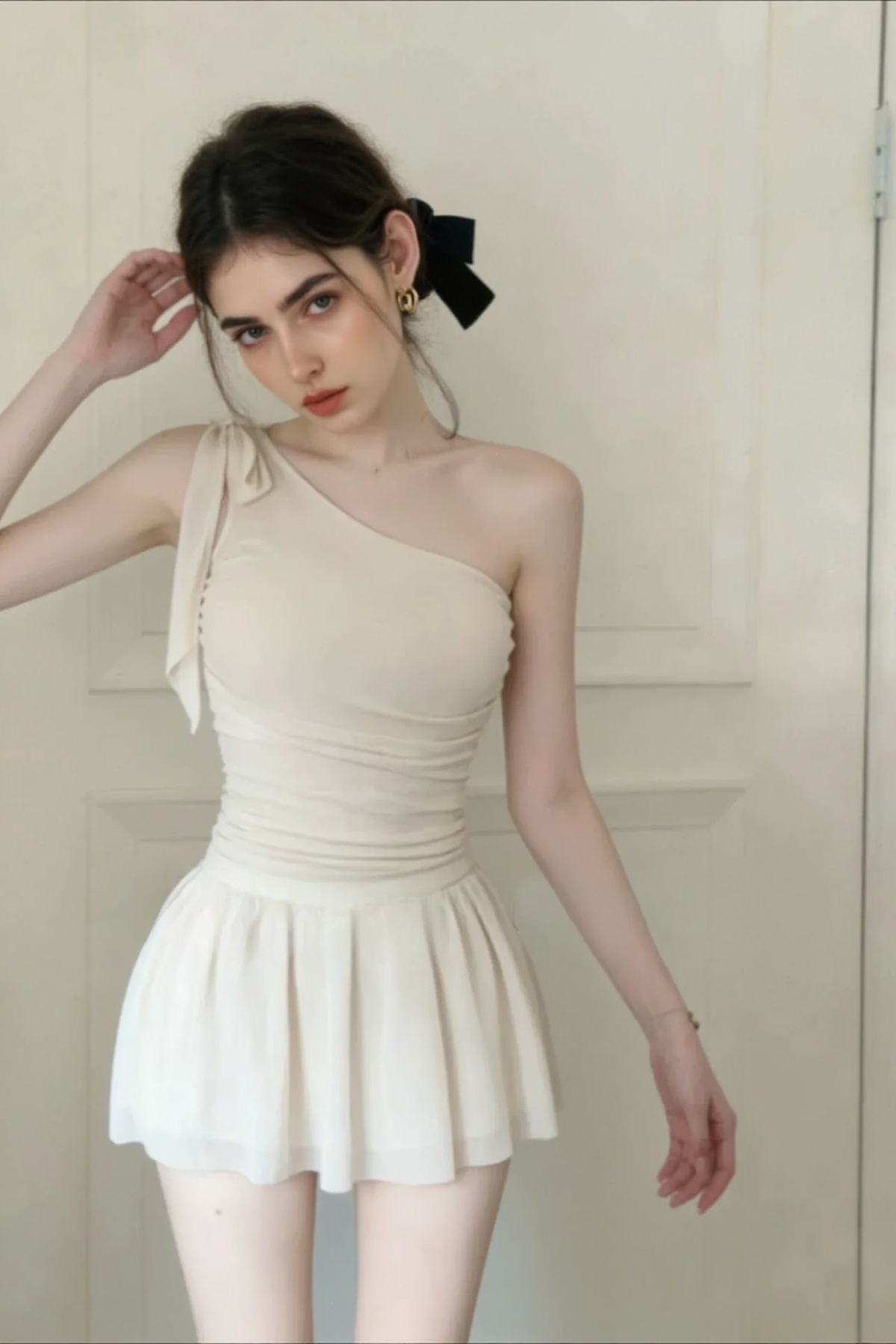 Romantic Solid Waist Cinch One Shoulder Bow One Piece