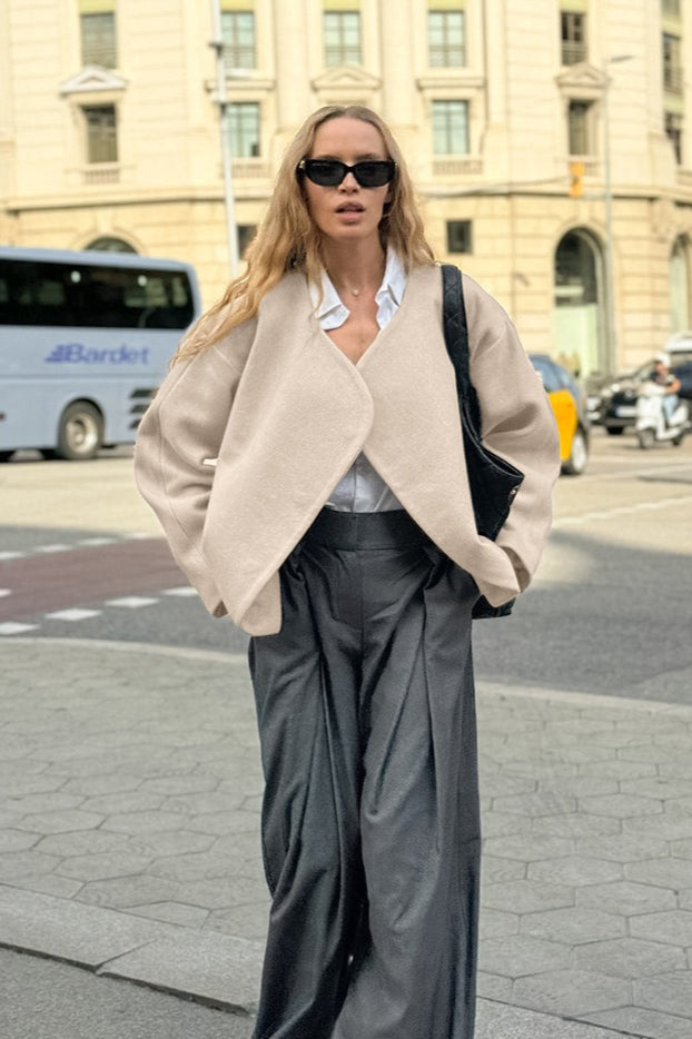 Khaki V Neck Asymmetric Wool Blend Coat - Fashionpara