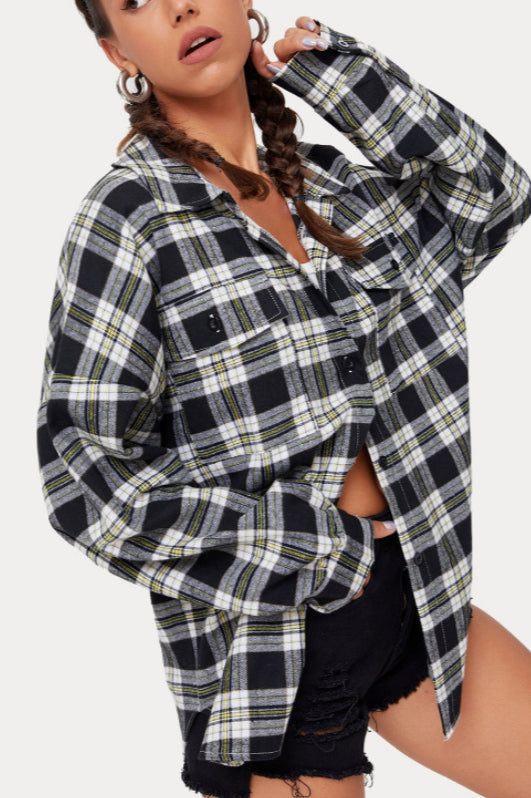 Plaid Stand Collar Button Shirt  Blouse