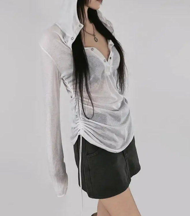 Hooded See Through Long Sleeve Sheer Top