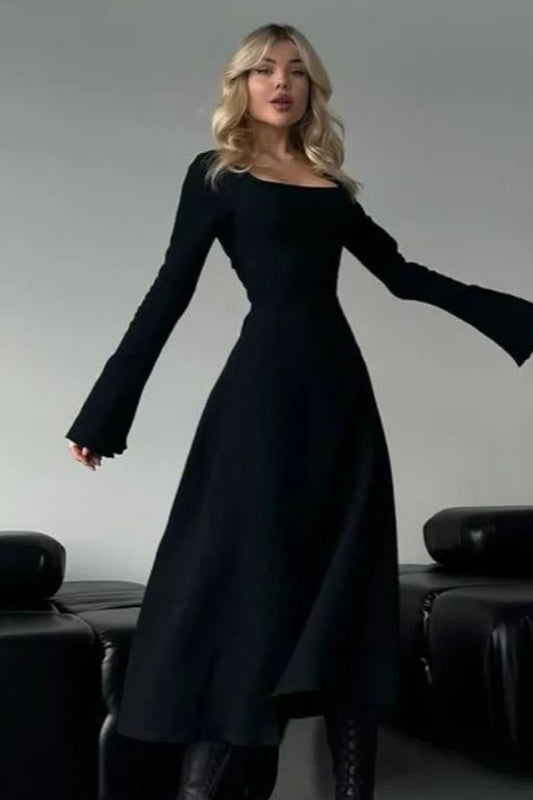 Elegant Fitted Long Sleeve Square Neck A-Line Party Dress