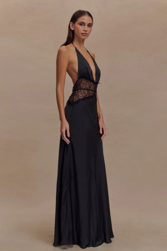 Deep V High-Waist Halter Backless Midi Silk Dress