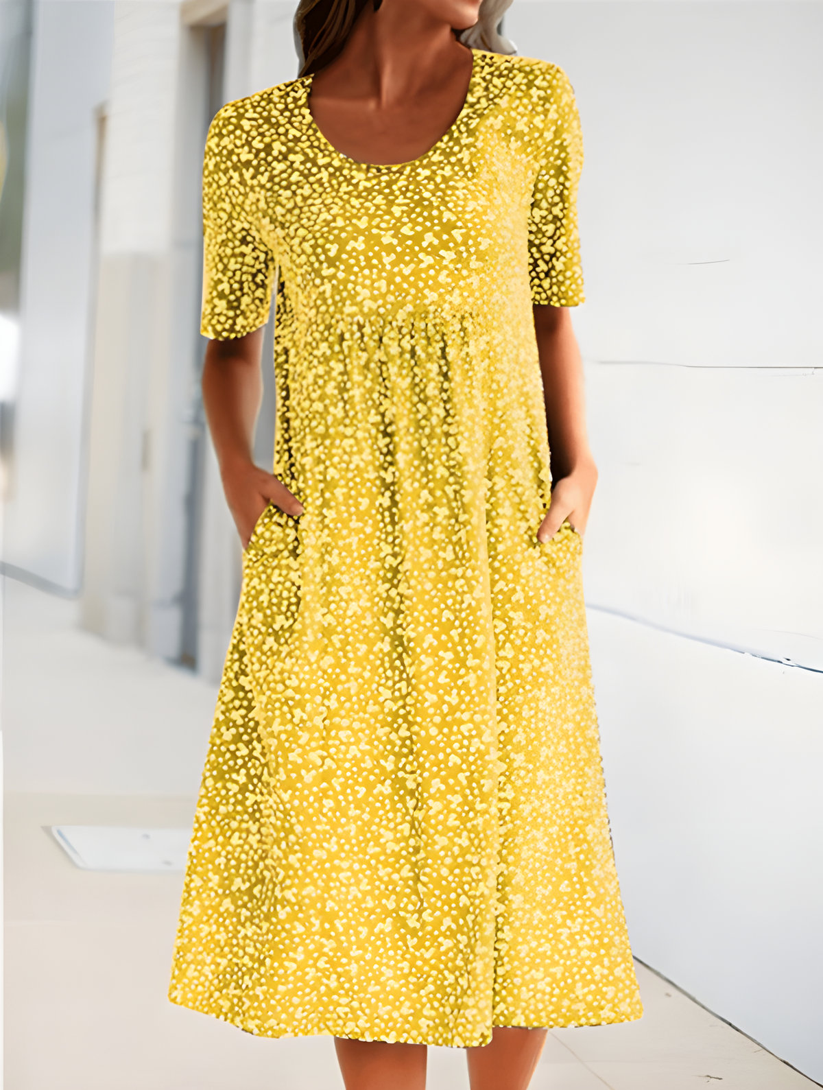 Ditsy Floral Short Sleeve Pocket Shift Midi Summer Dress - View 8