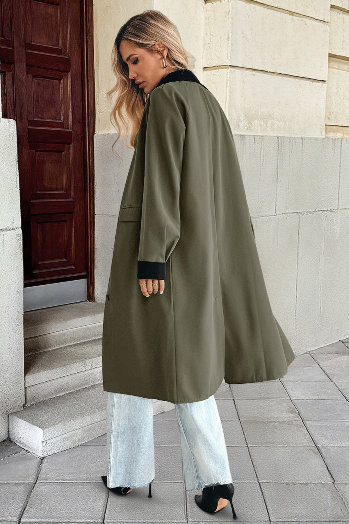 Lapel Color Block Single Breasted Long Office Casual Overcoat - Fashionpara