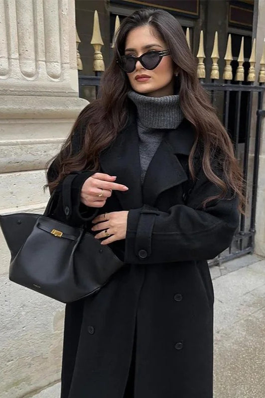 Black Loose Lapel Double-Breasted Overcoat
