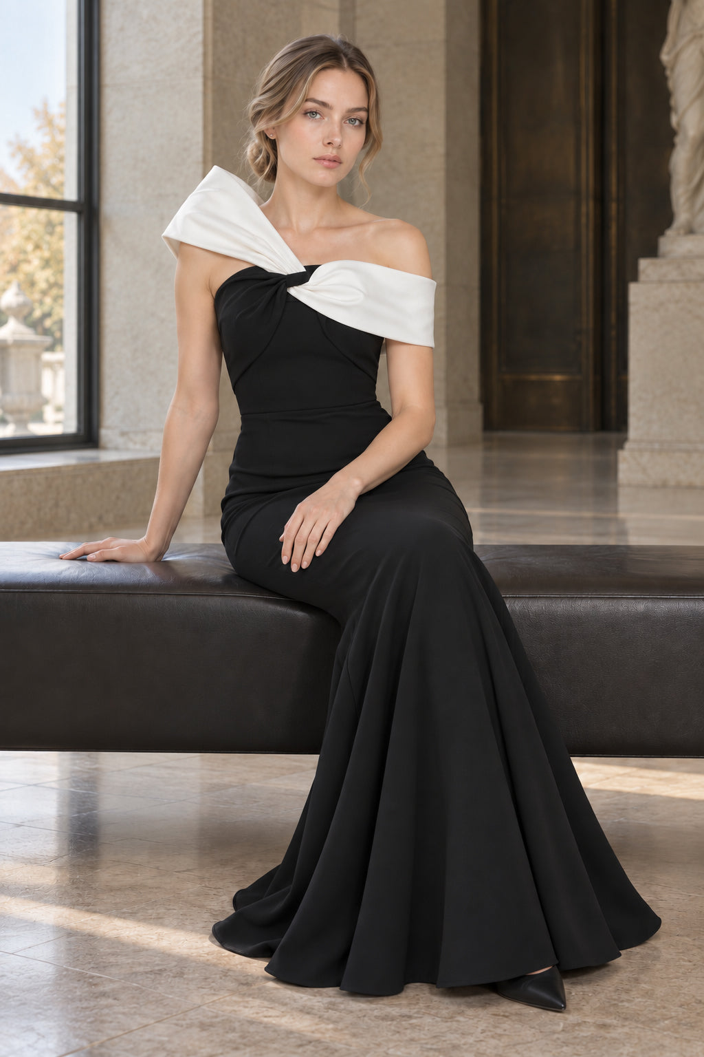 Contrast Bow Asymmetric One-Shoulder Fitted Dress