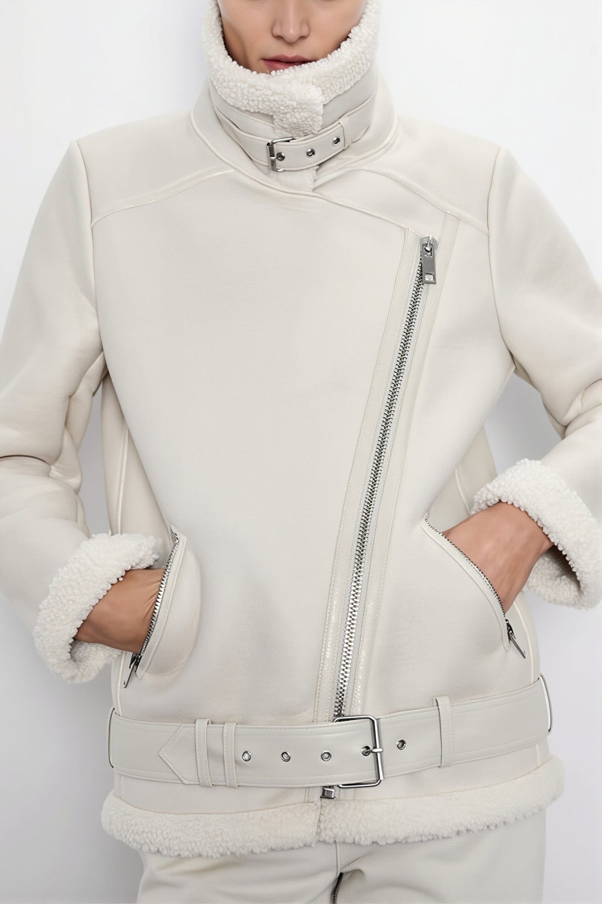 Asymmetric Zip Shearling Moto Coat