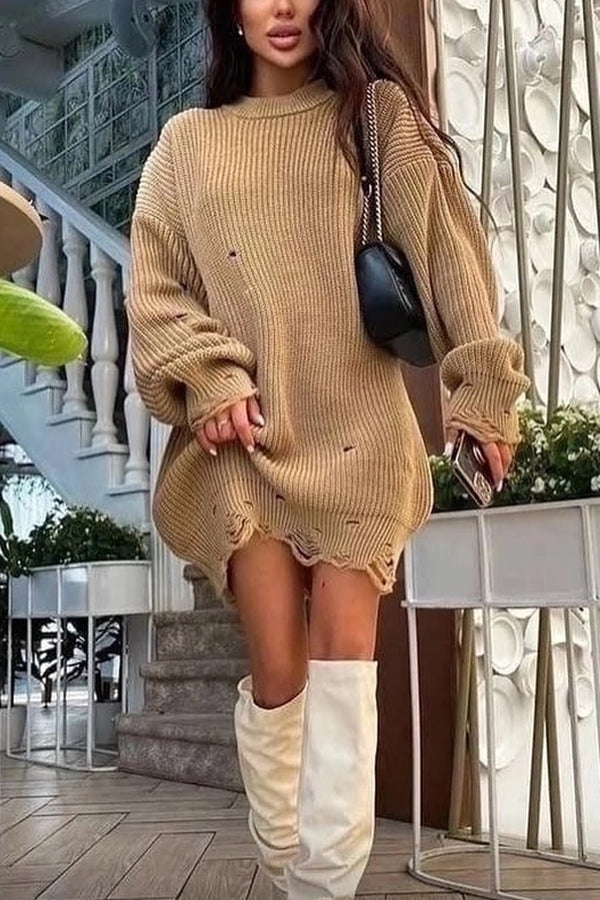 Solid Color Loose Knitted Mid-Length Sweater for Comfort