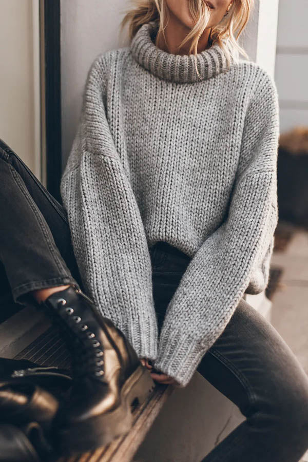 Emilia Knit Pullover Sweater with Thick Collar and Long Sleeves