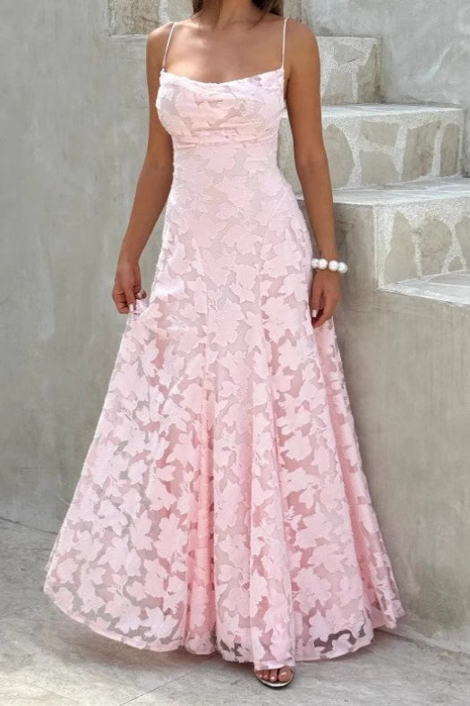 Floral Lace Scoop-Neck Spaghetti-Strap A-Line Gown