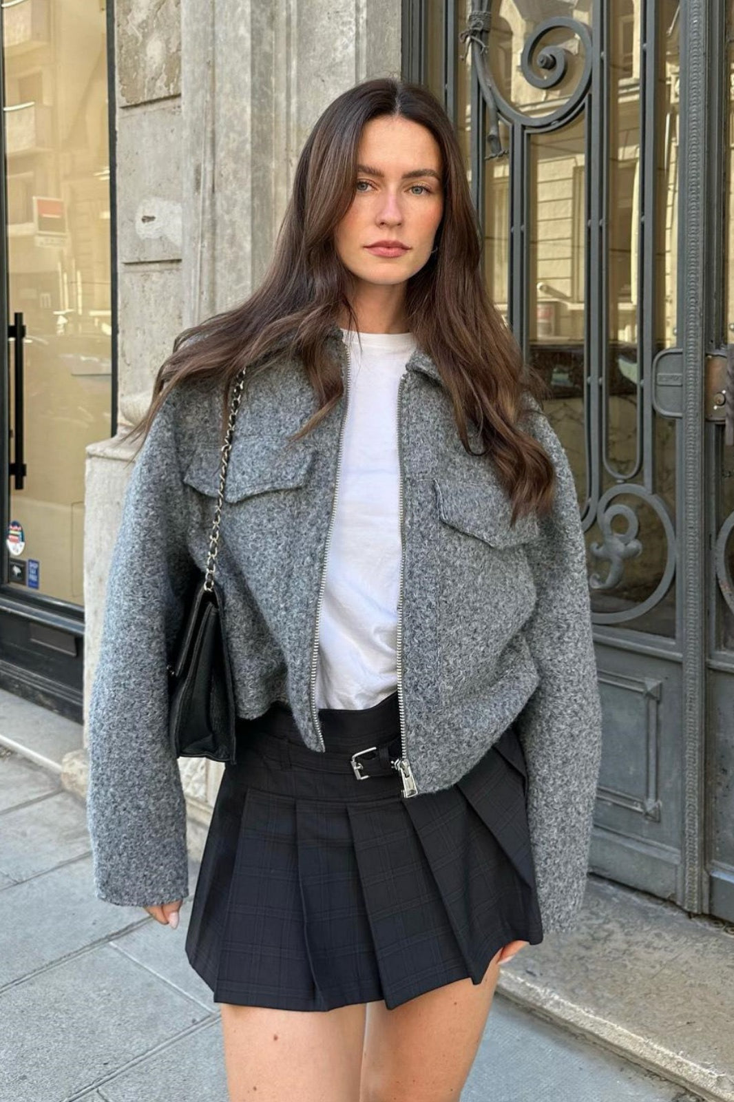 Cropped Boucle Zip Front Jacket