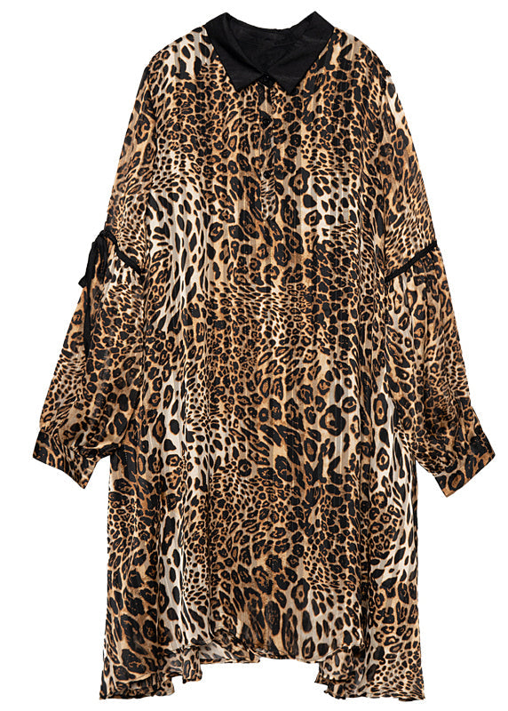 Animal Print Contrast Collar Bishop Sleeve Ribbon Tie Shirt Mini Dress - View 5