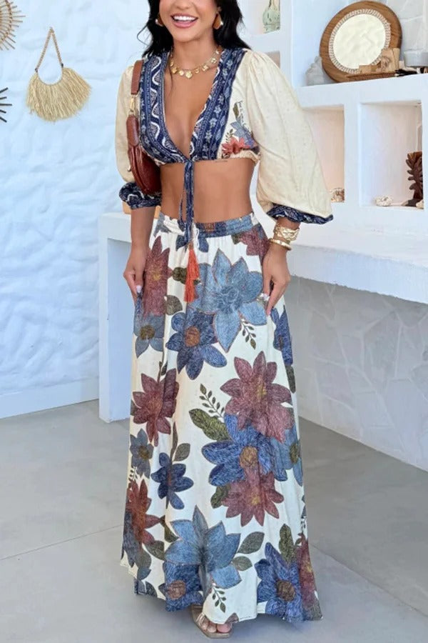Unique Printed V-Neck Tie Cropped Top and Elastic Waist Casual Maxi Skirt Set - Fashionpara