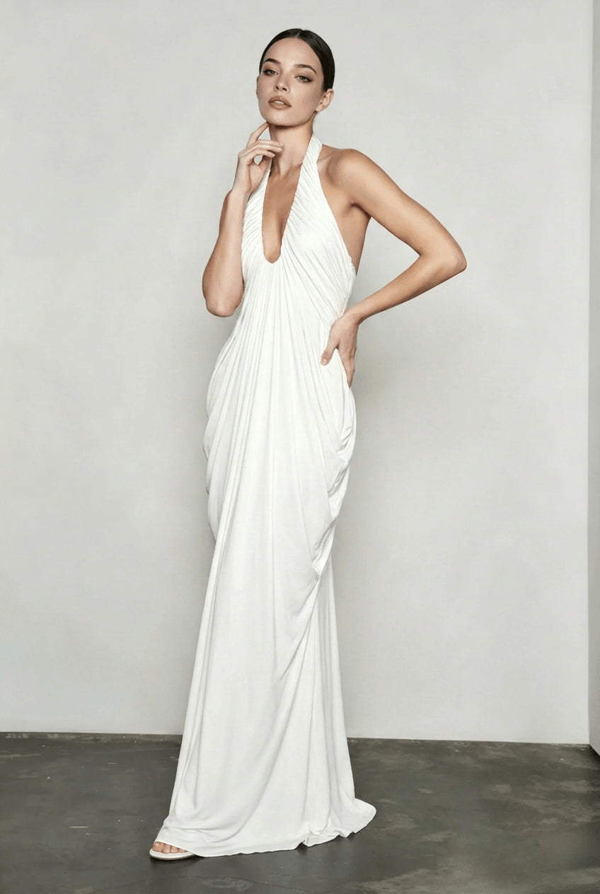 Halter Deep-V Ruched Draped Grecian Column Gown