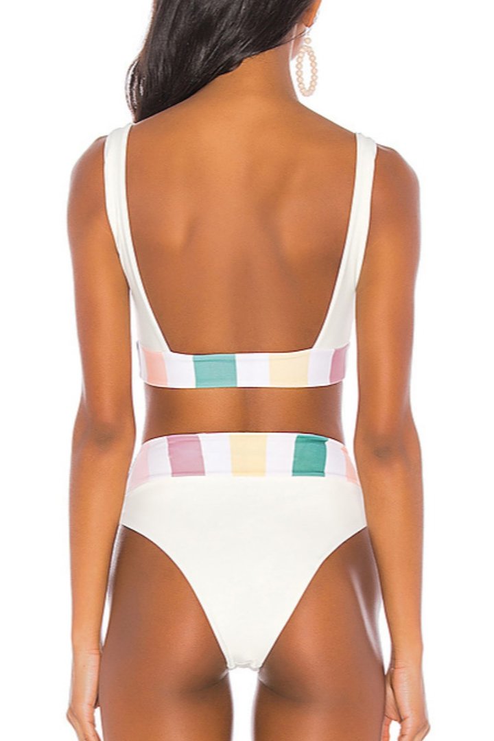 Bandeau Color-lump Patchwork White Bikini Set - Fashionpara