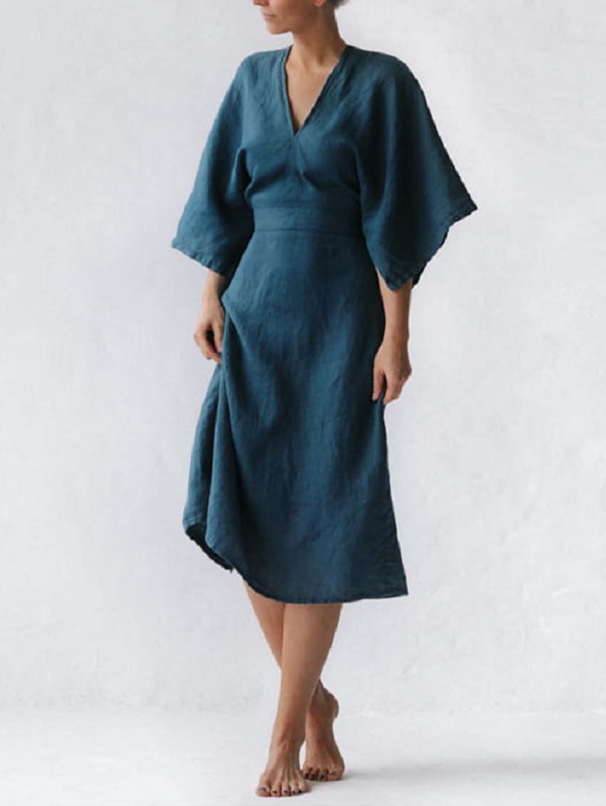 Deep V-Neck Kimono Sleeve Belted Waist A-Line Midi Dress