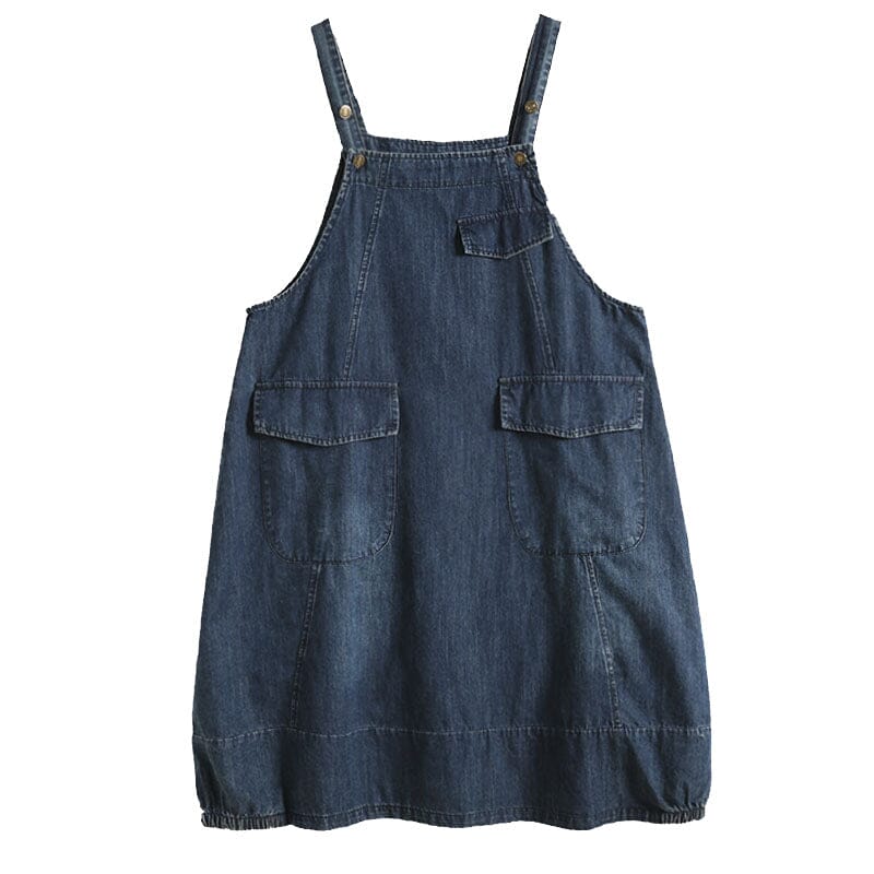 Sleeveless Denim Pinafore Flap Pocket Button Strap Midi Dress - View 5