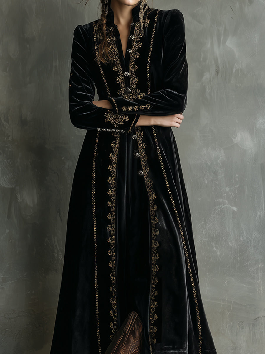 Retro Velvet Embroidered Stand Collar Mid-length Coat - Fashionpara