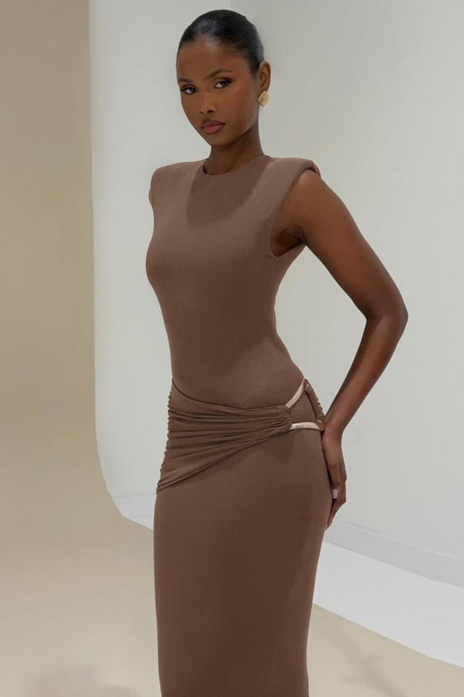 Sleeveless High Neck Ruched Bodycon Maxi Dress 4