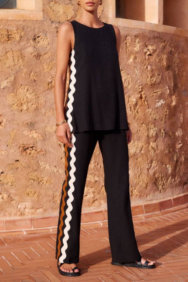 Tash Linen Blend Ric Rac Wave Trim Tank and Elastic Waist Pocket Flare Pants Set - Fashionpara