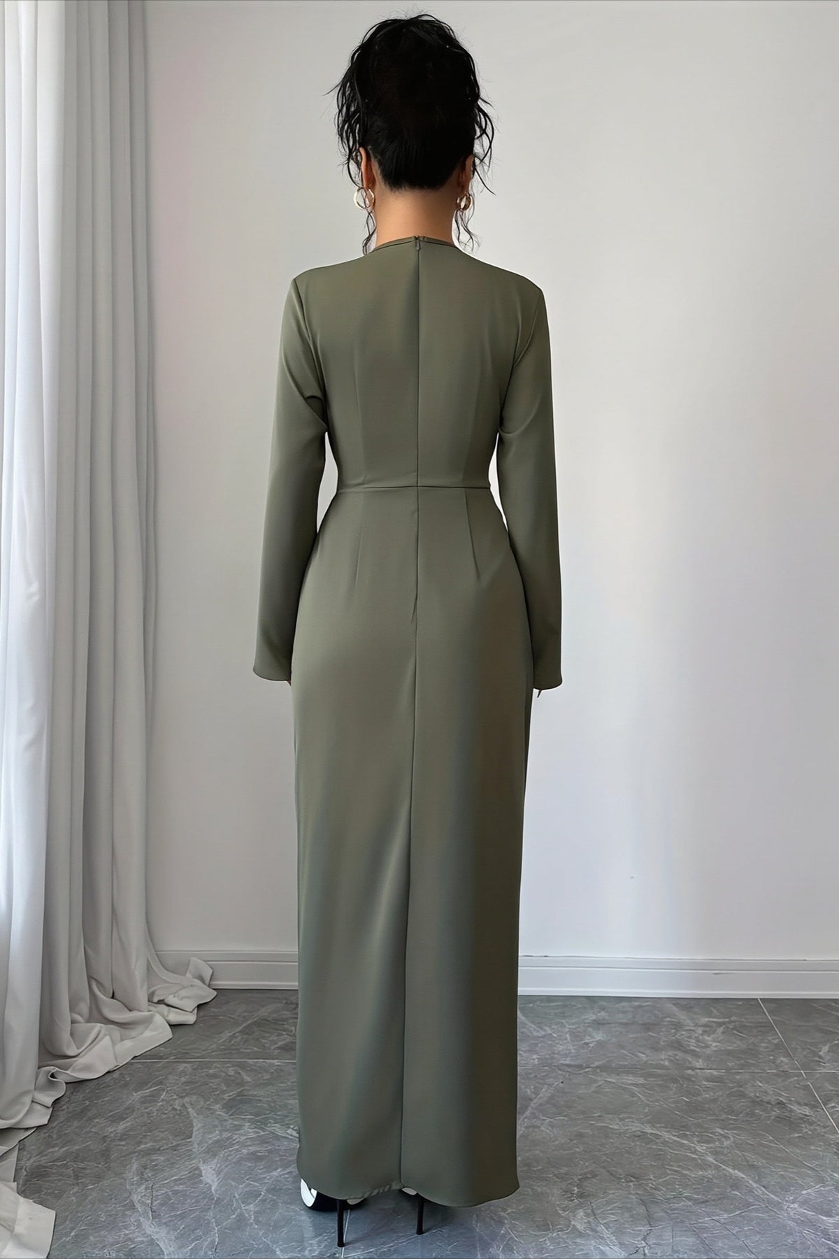 Solid V-Neck Ruched Waist Slit Buckle Work Dress