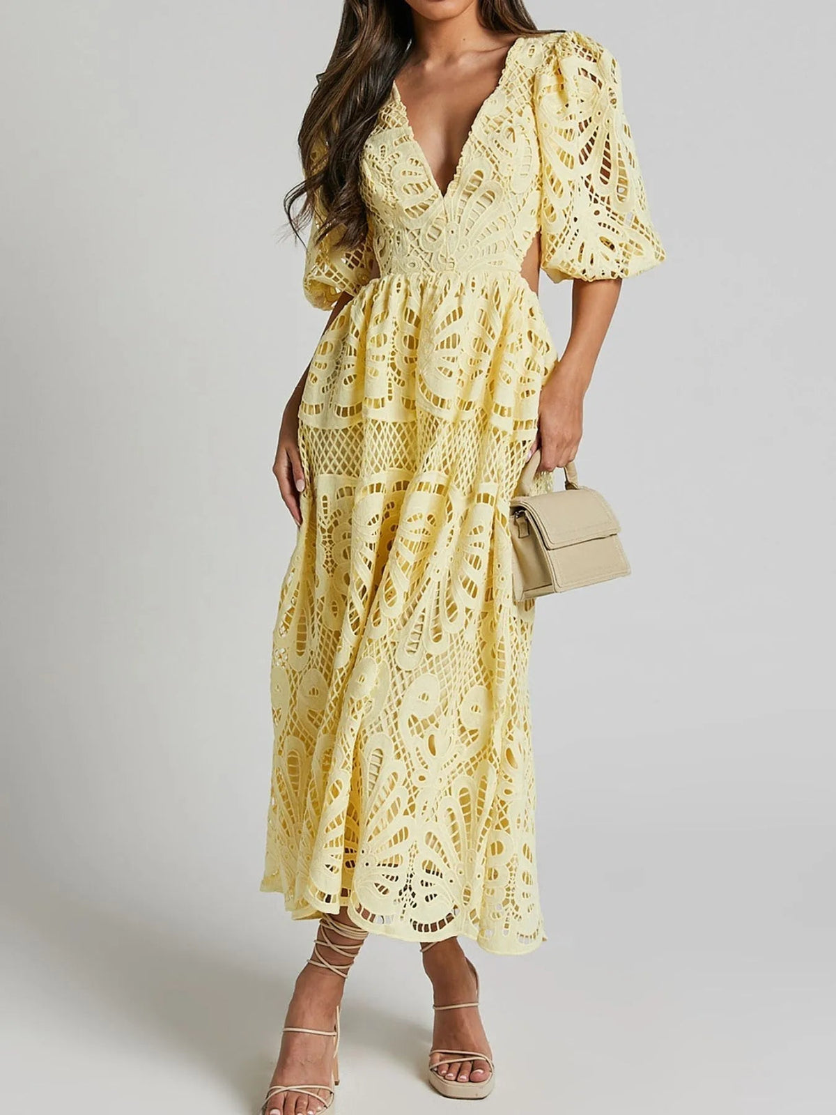 Lace Deep V-Neck Puff Sleeve Cut Out Waist A-Line Midi Dress - View 5