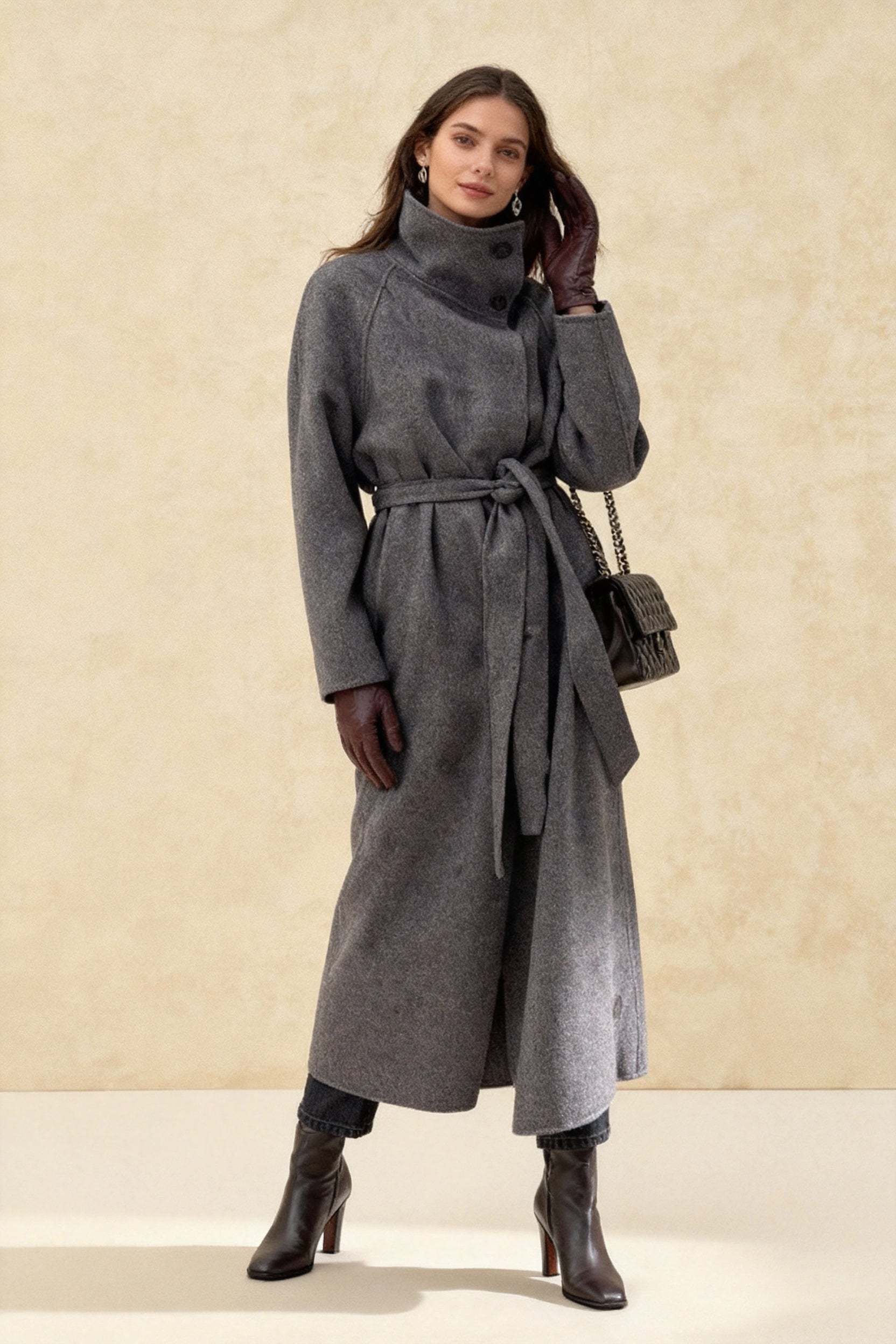 Grey High Collar Long Woolen Coat - Fashionpara