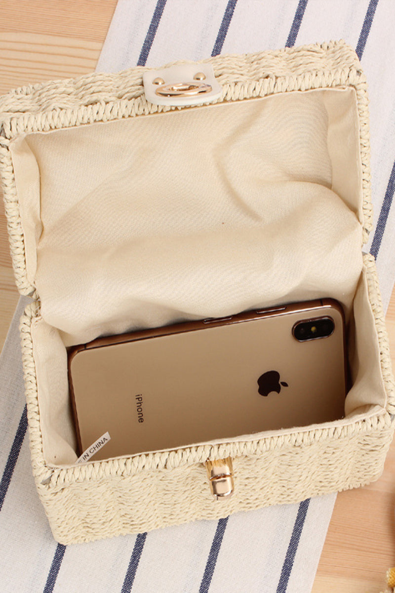 Box Shape Top-Handle Woven Straw Beach Handbag - Fashionpara