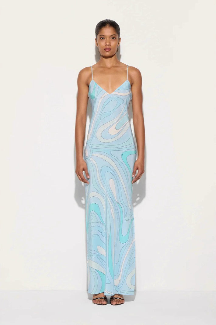 Swirl Print V-Neck Spaghetti Strap Slip Maxi Dress